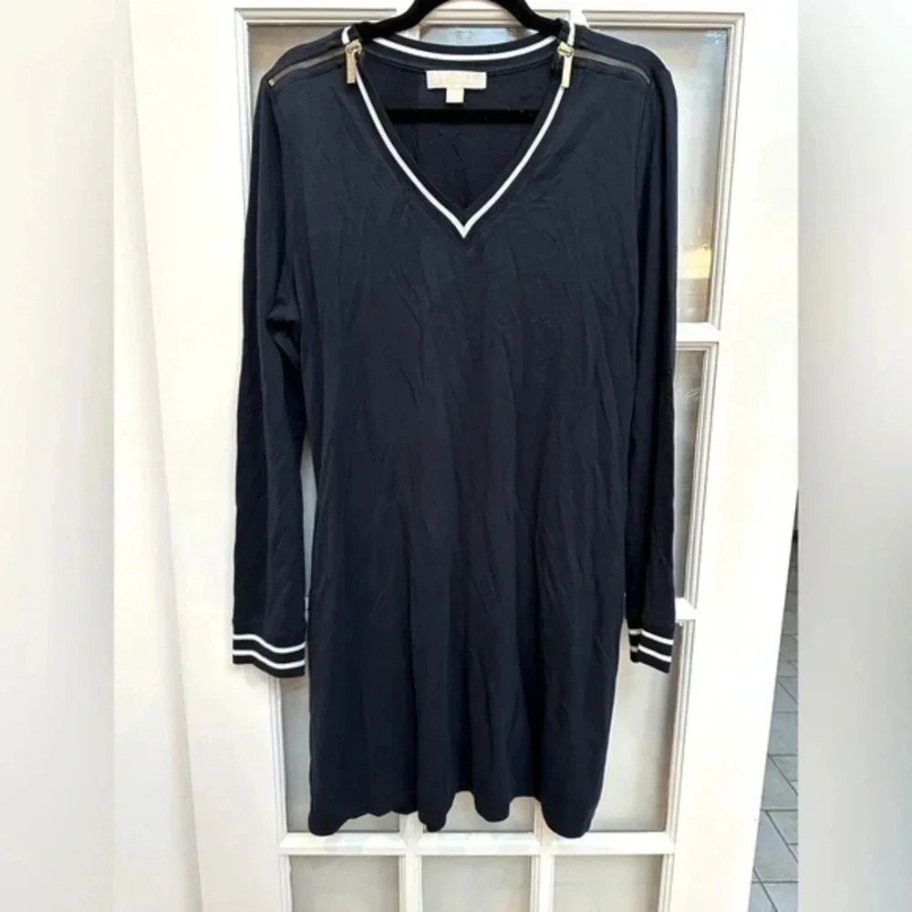 Michael Kors Navy with White Piping Shoulder Zippers Knit Dress Size Large L